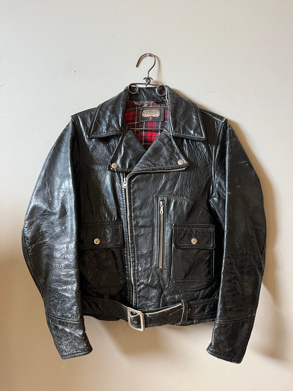 1960s PLAID LINED SHIELDS LEATHER D POCKET BELTED MOTORCYCLE JACKET