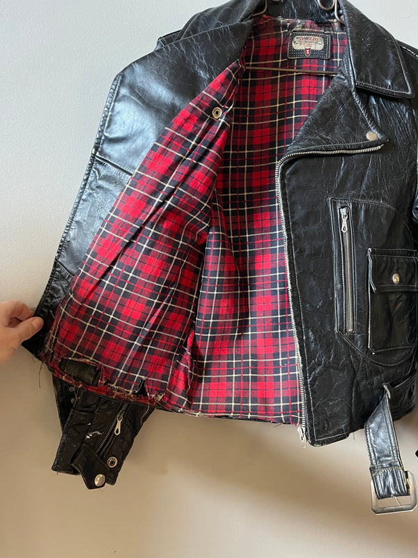 1960s PLAID LINED SHIELDS LEATHER D POCKET BELTED MOTORCYCLE JACKET